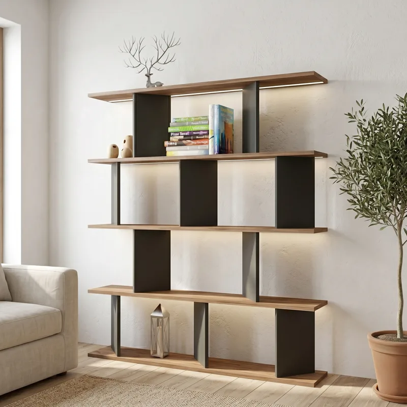 Βιβλιοθήκη Ratu pakoworld ανθρακί με oak 120x24,6x141εκ - PAKO WORLD - 120-000677