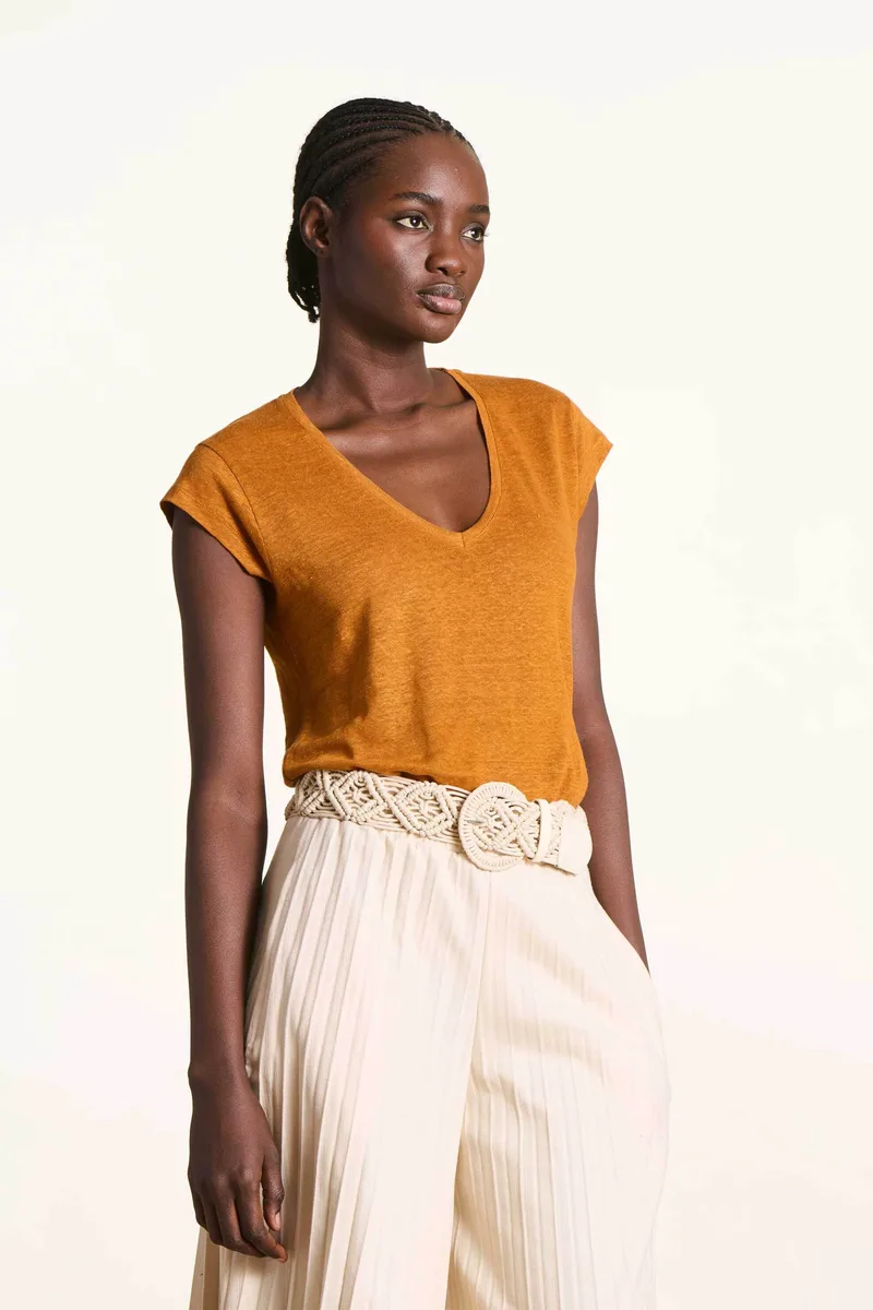 La Fée Maraboutée γυναικείο λινό T-shirt με V Straight Cut - FA-TS-DAVIA Πορτοκαλί