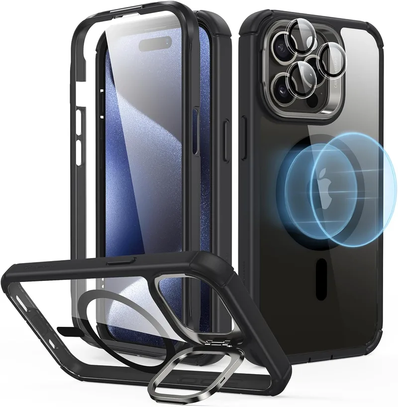 ESR Armor Tough with Stash Stand HaloLock - Ανθεκτική 360° Διάφανη MagSafe Θήκη με Kickstand & Tempered Glass για Φακό Κάμερας - Apple iPhone 15 Pro Max - Clear / Black (4894240176658)