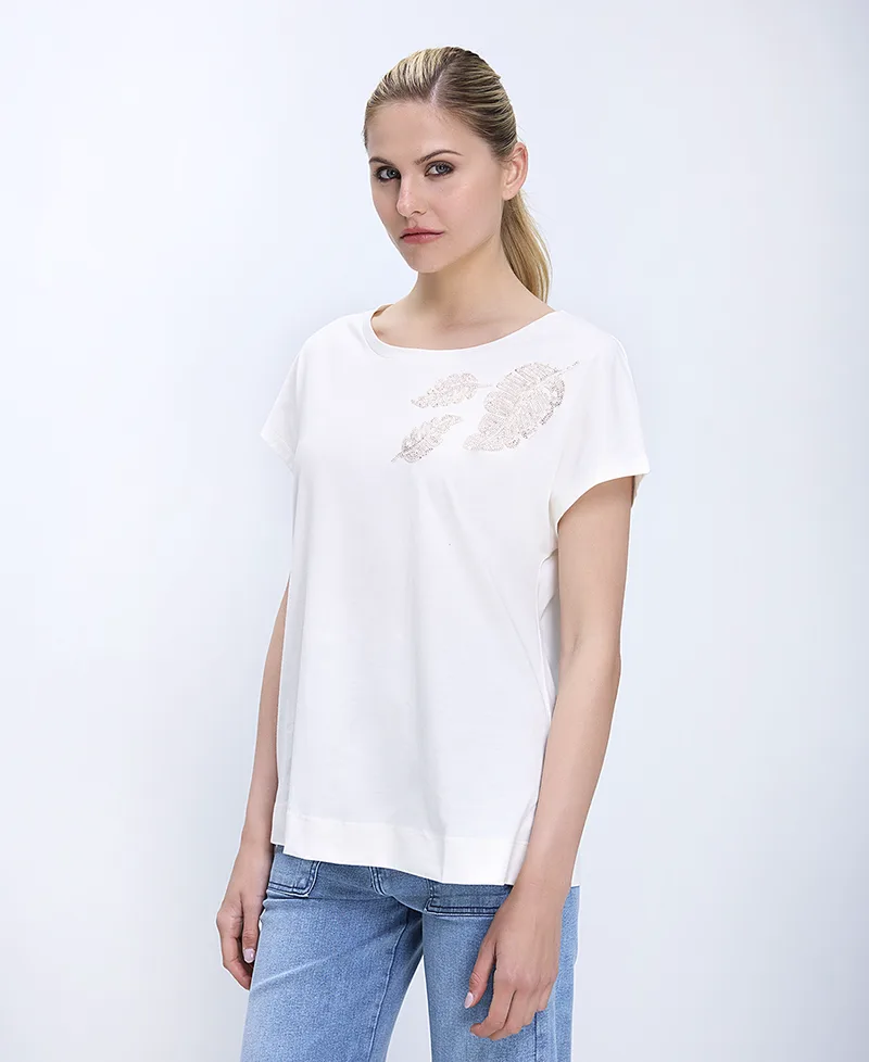 Luisa Μωβ Γυναικεία Μπλούζα Relaxed Fit Με Διακοσμητικό Leaf Detail Και Κοντό Μανίκι