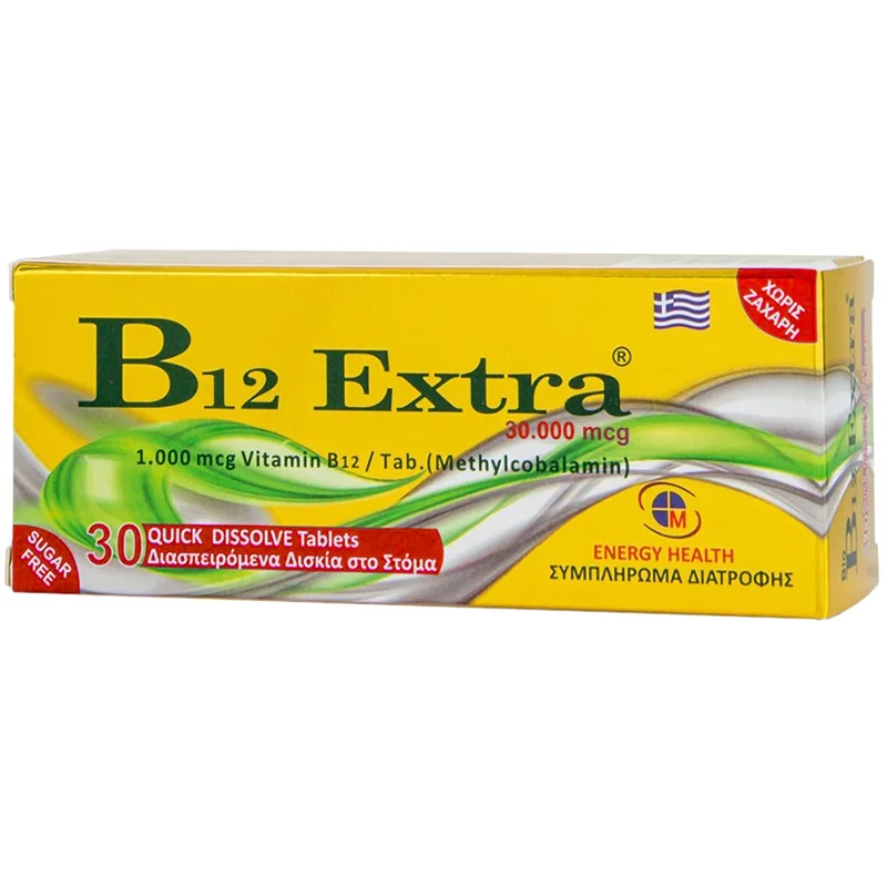 Medichrom B12 Extra 1000mcg Συμπλήρωμα Διατροφής με Βιταμίνη Β12 για την Καλή Υγεία του Ανοσοποιητικού & Νευρικού Συστήματος 30 Disp.tabs