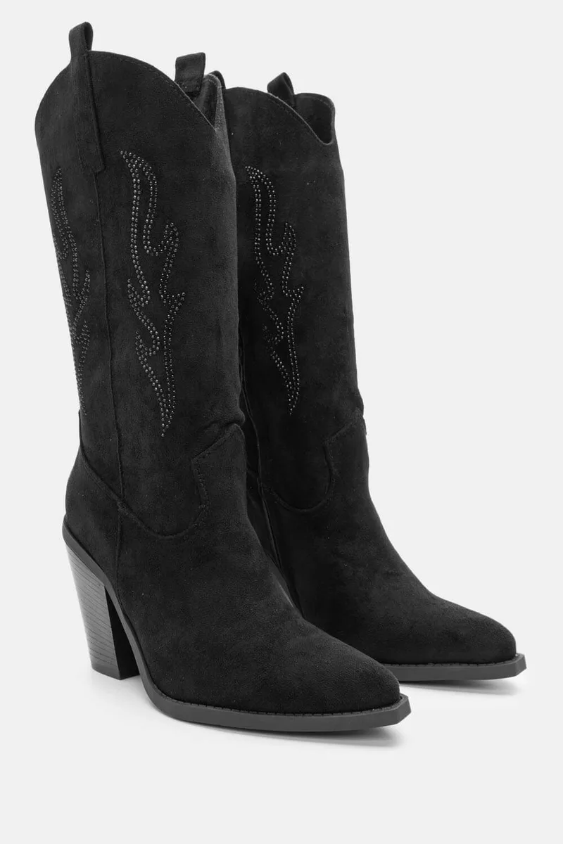Μποτάκια Cowboy με Διακοσμητικές Φωτιές Από Strass - Μαύρο