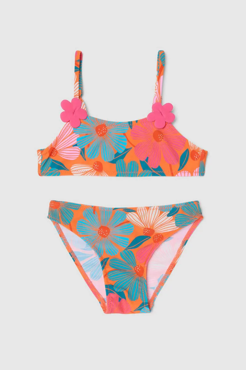 OVS παιδικό σετ μαγιό μπικίνι τοπ και σλιπ με floral print (2 τεμάχια) - 002616872 Πορτοκαλί