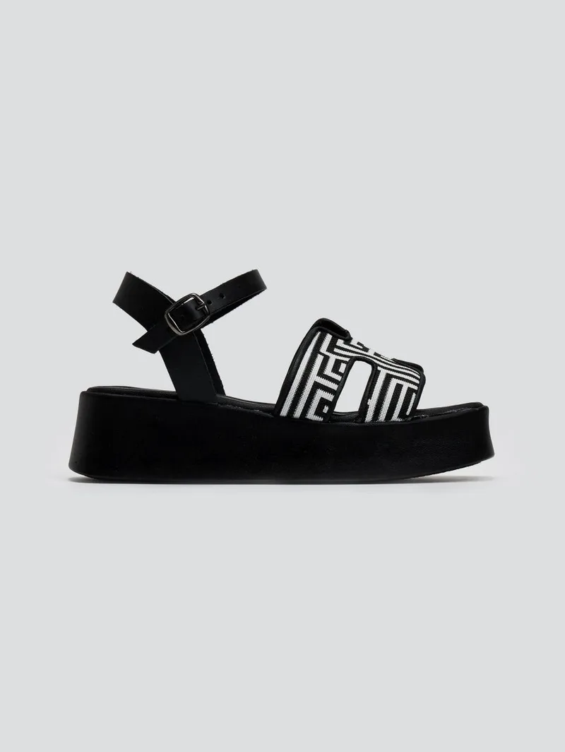 Estil Flatform Sandals Fabric Strap - 1203 (ύφασμα print maiandros) - Black