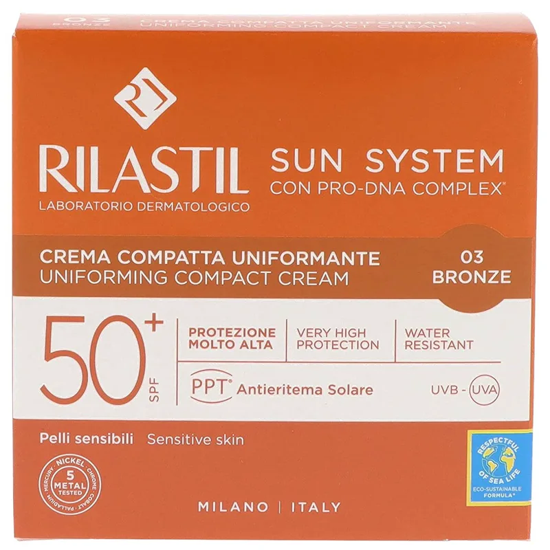 Rilastil Sun System Uniforming Compact Cream Spf50+, Αντηλιακή Κρέμα Προσώπου Πολύ Υψηλής Προστασίας με Χρώμα για Ομοιόμορφη Κάλυψη 10g - 03 Bronze