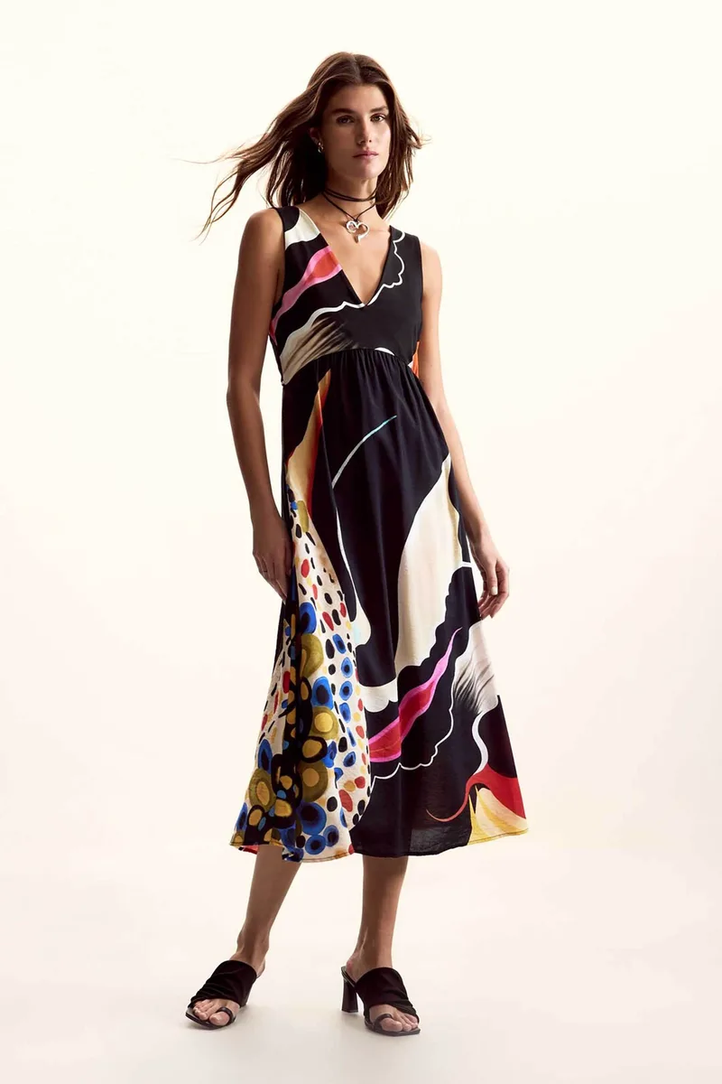 Desigual γυναικείο midi αμάνικο φόρεμα με all-over print "Japan Oparat" by Christian Lacroix - 26SWVW60 Μαύρο