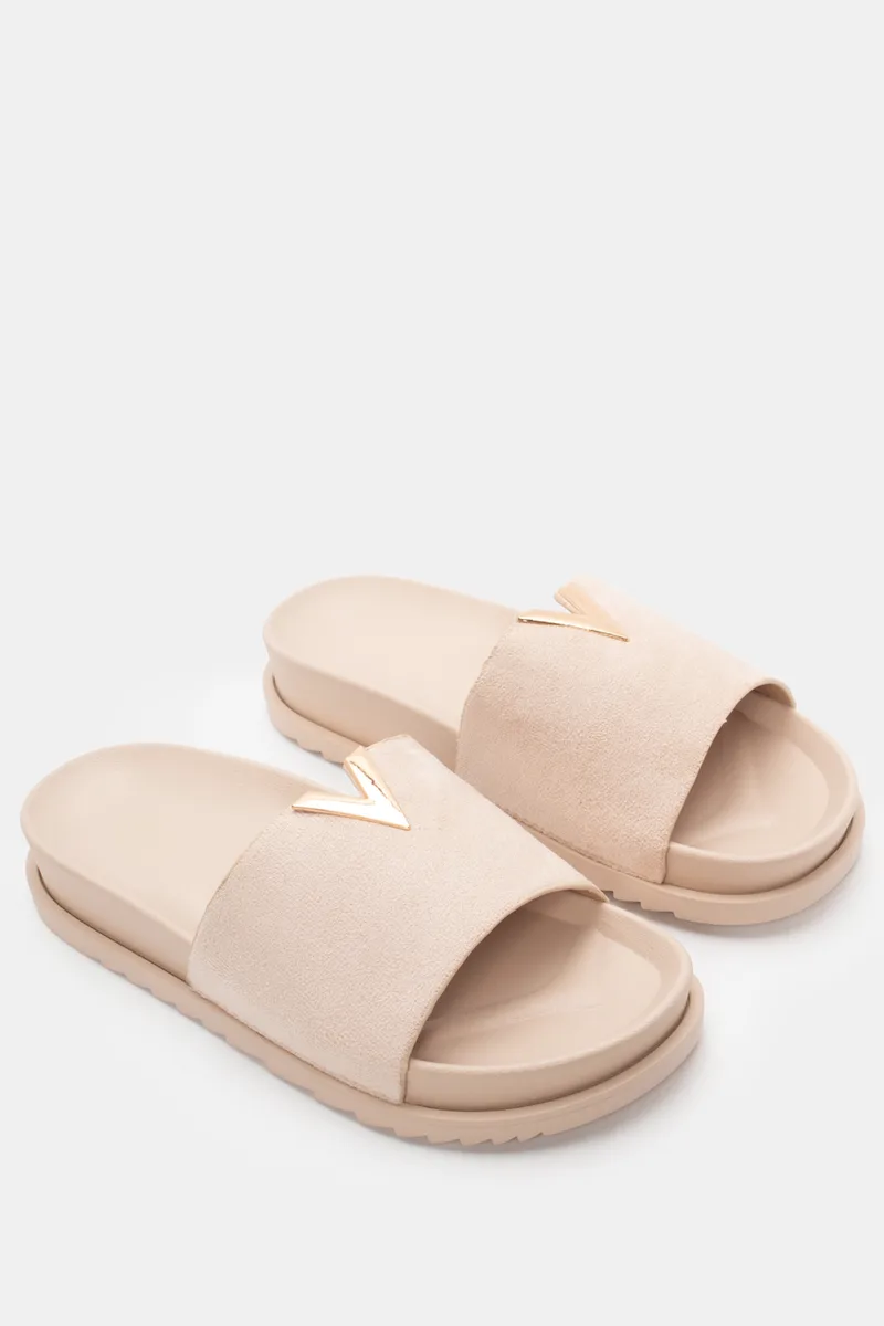 Flatform Σανδάλια με Μεταλλική Λεπτομέρεια V - Μπεζ
