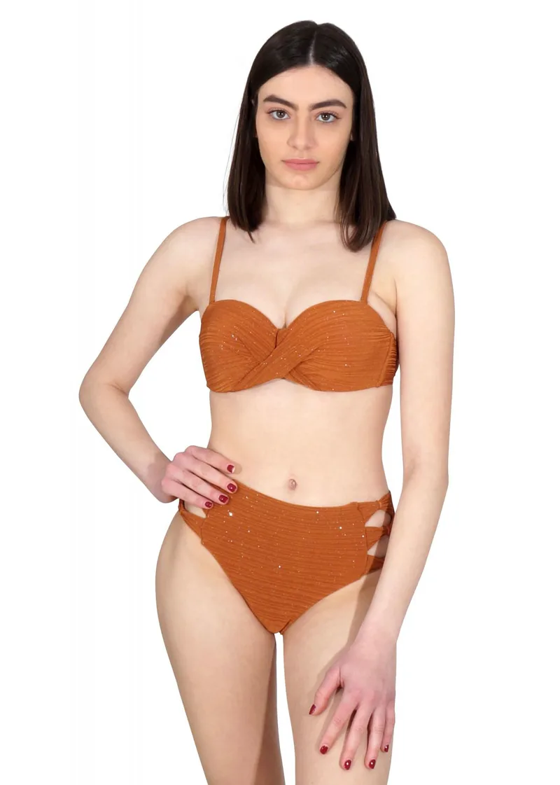 Γυναικείο set μαγιό ντραπέ σταθερή ενίσχυση Bikini ψηλόμεσο κανονική γραμμή. Καλύπτει B & C cup. ΚΑΜΕΛ