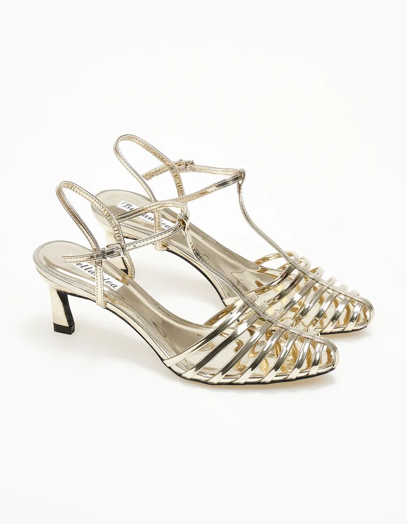 Open heel γόβες με πολλαπλά λουράκια και λεπτό τακούνι - Χρυσό