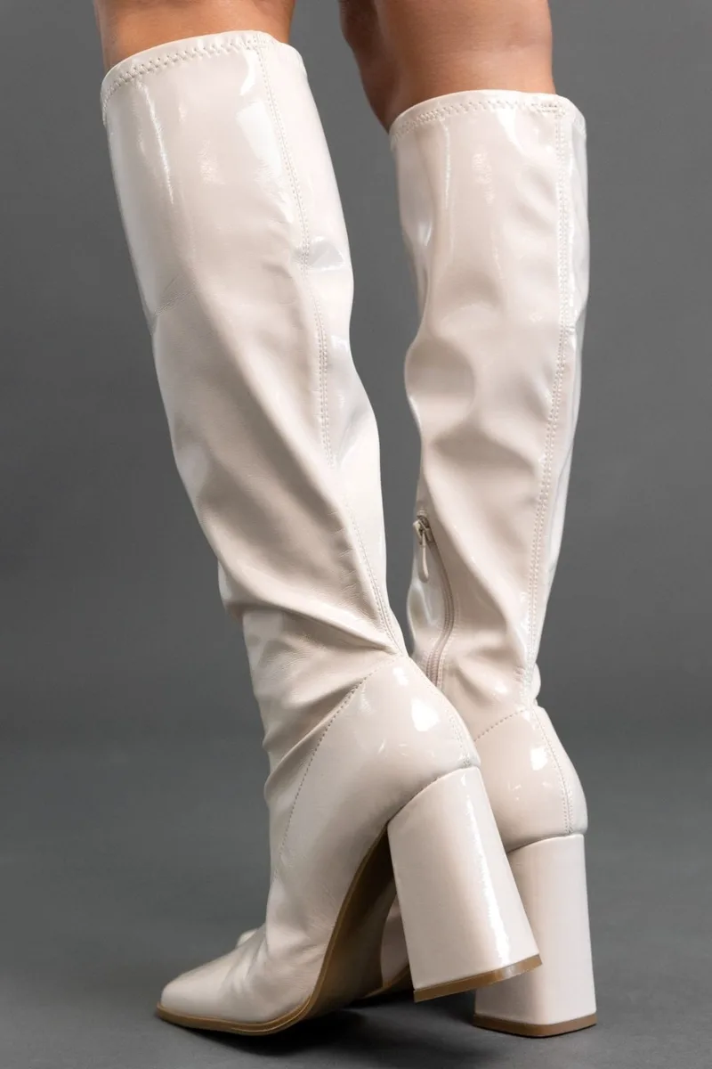 JOIA Patent Heeled Sock Boots - H8-233 - Μπεζ