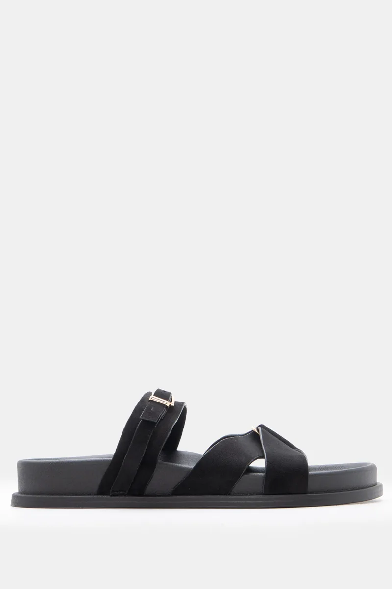 Σανδάλια Flatform με Διπλά Λουράκια & Μεταλλική Αγκράφα - Μαύρο
