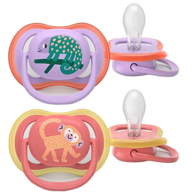 Philips Avent Ultra Colors of Nature Silicone Soother Ultra Soft 18m+ Κωδ SCF349/47, Ορθοδοντική Πιπίλα Σιλικόνης με Μεγάλες Οπές για να Αναπνέει το Δέρμα του Μωρού 2 Τεμάχια - Σχέδια Λιλά / Κοραλί