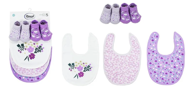 Σαλιάρα Dimcol Interlock & Επένδυση Terry με Velcro Dimcol Σετ 5 Τεμ- Flowers 27 30X20 White-Lilac