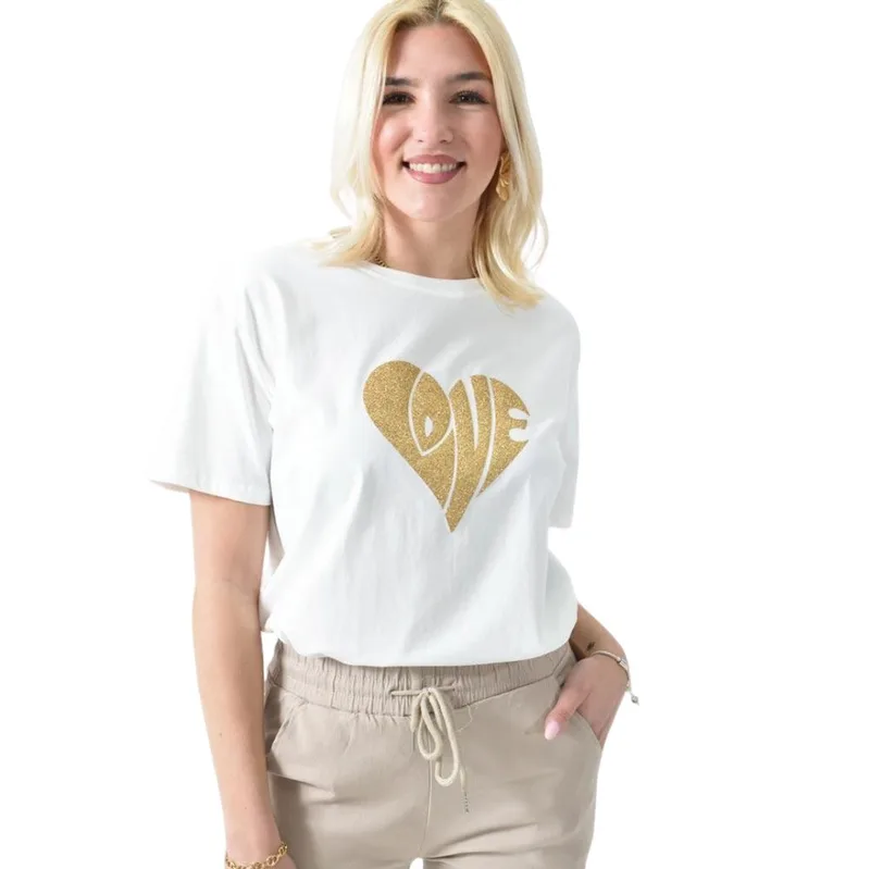 Γυναικείο T-shirt με χρυσό τύπωμα καρδιά LOVE Λευκό 26387