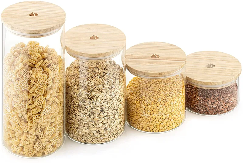Navaris Glass Storage Jars Set of 4 - Σετ 4 Γυάλινα Βάζα Αποθήκευσης με Καπάκι από Μπαμπού - 1.4L / 1L / 600ml / 300ml - Clear (54600.02.04)