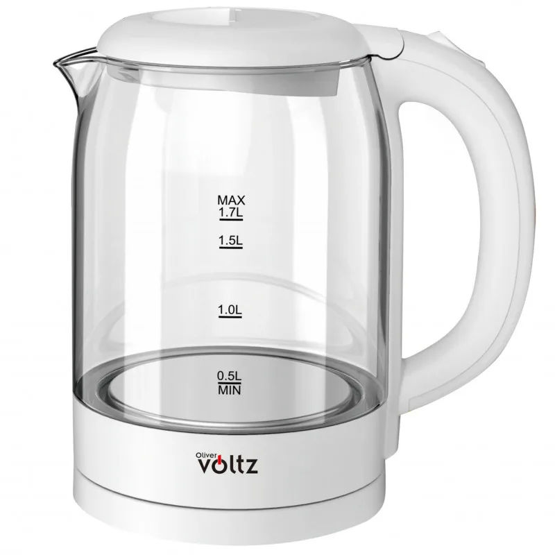 Ηλεκτρικός γυάλινος βραστήρας Oliver Voltz OV51230X, 2200W, 1.7 l, Κρυφή θερμάστρα, Φωτεινή ένδειξη, Βάση 360C, Λευκό