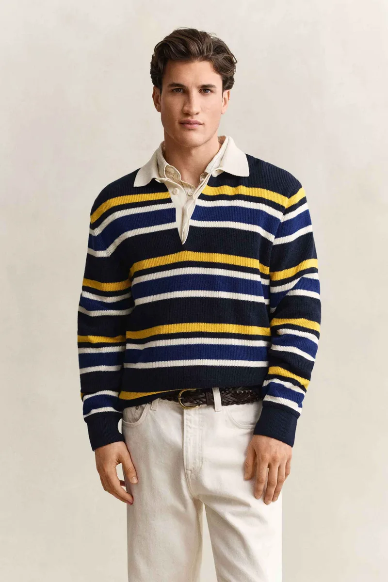 Gant ανδρικό πουλόβερ ribbed με γιακά και ριγέ σχέδιο Regular Fit - 8030283 Μπλε Σκούρο