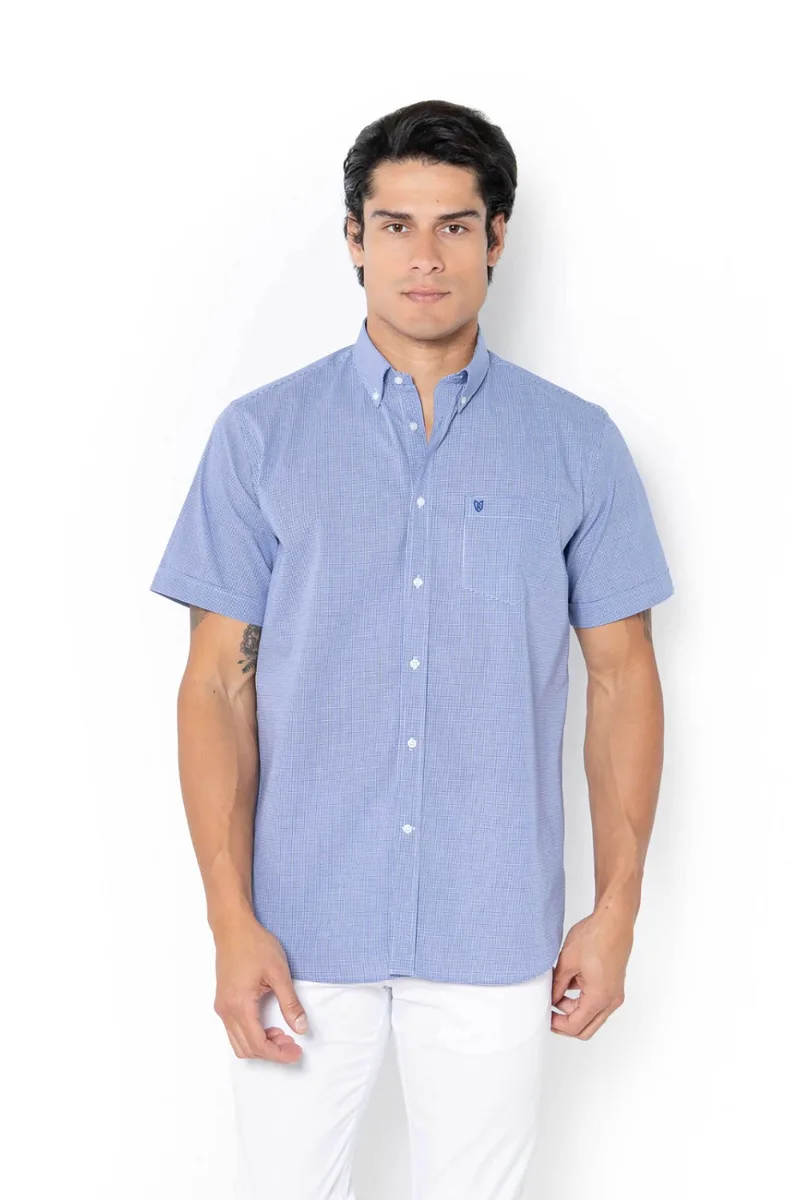 The Bostonians ανδρικό πουκάμισο poplin button down με καρό σχέδιο και κεντημένο λογότυπο Regular Fit "Chester" - BAC7021 Μπλε