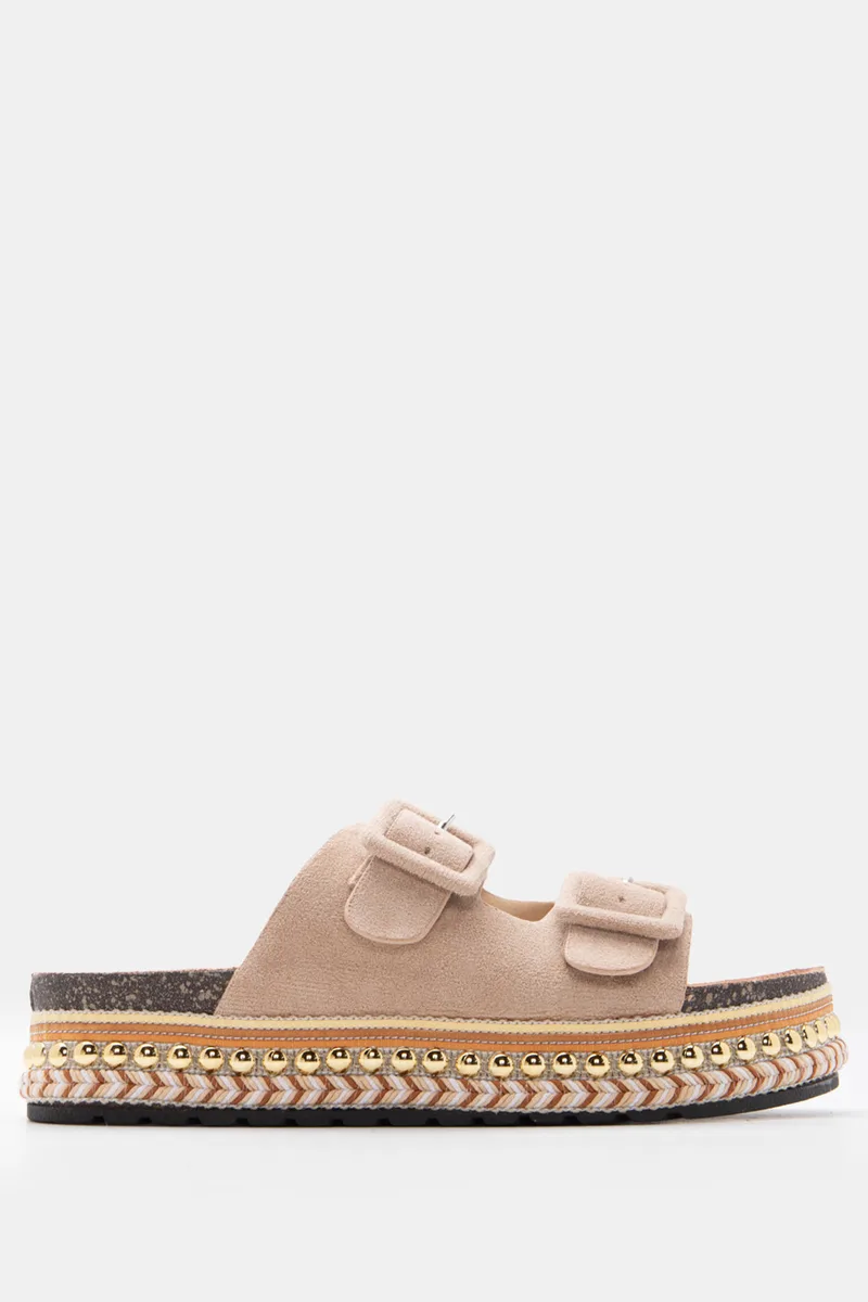 Σανδάλια Flatform Boho με Διπλές Τόκες - Μπεζ-Σκούρο