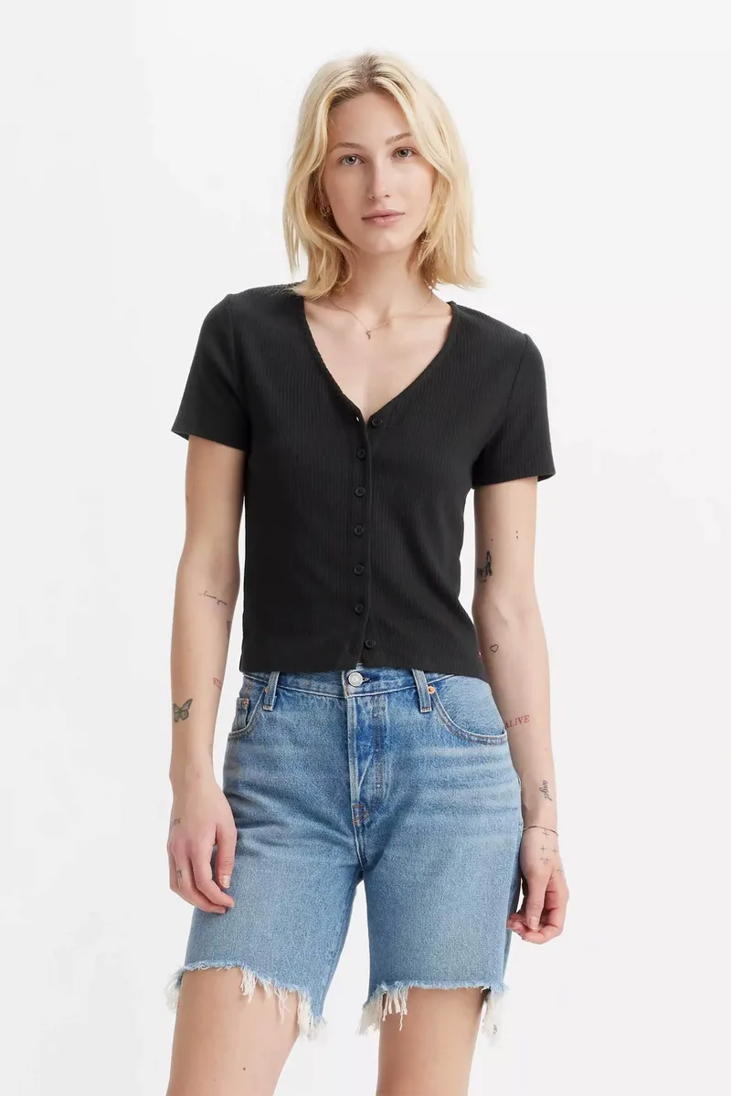 Levi's® γυναικεία μπλούζα ribbed με κουμπιά και V λαιμόκοψη Slim Fit "Muse" - A87820000 Μαύρο