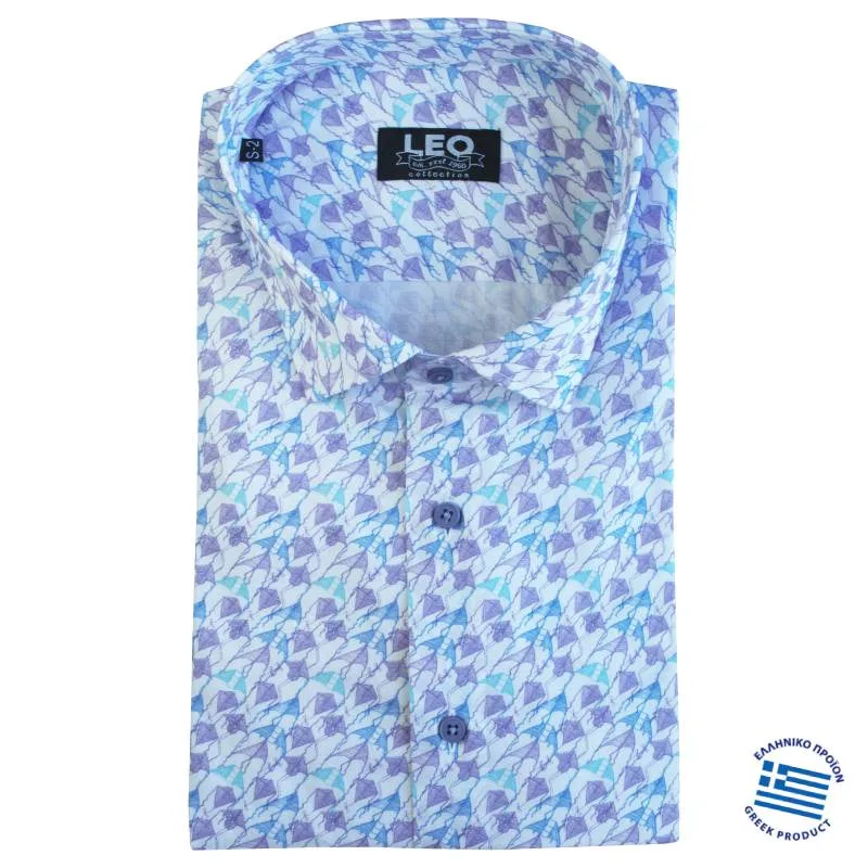 Digital print ελαστικό κοντομάνικο πουκάμισο "Kite",by Leo Collection - Light Purple/White