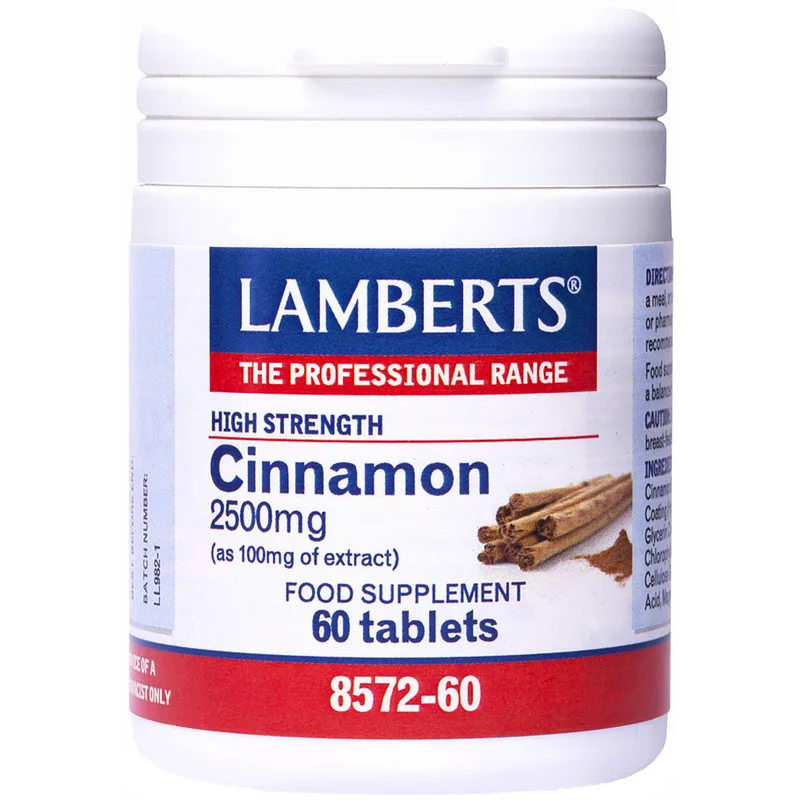 Lamberts Cinnamon Συμπλήρωμα Διατροφής Εκχυλίσματος Κανέλας για τη Ρύθμιση των Επιπέδων της Γλυκόζης στο Αίμα με Αντιοξειδωτικές Ιδιότητες που Βοηθά Κατά την Πέψη 2500mg, 60tabs