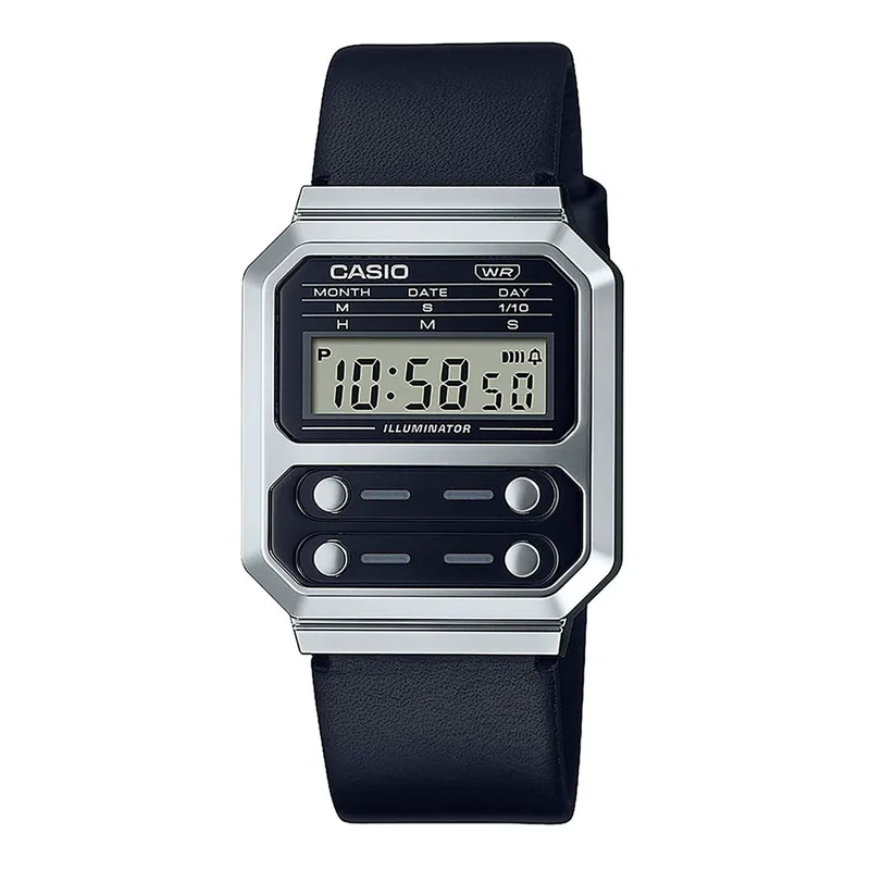 CASIO Vintage Black Leather Strap A-100WEL-1AEF
