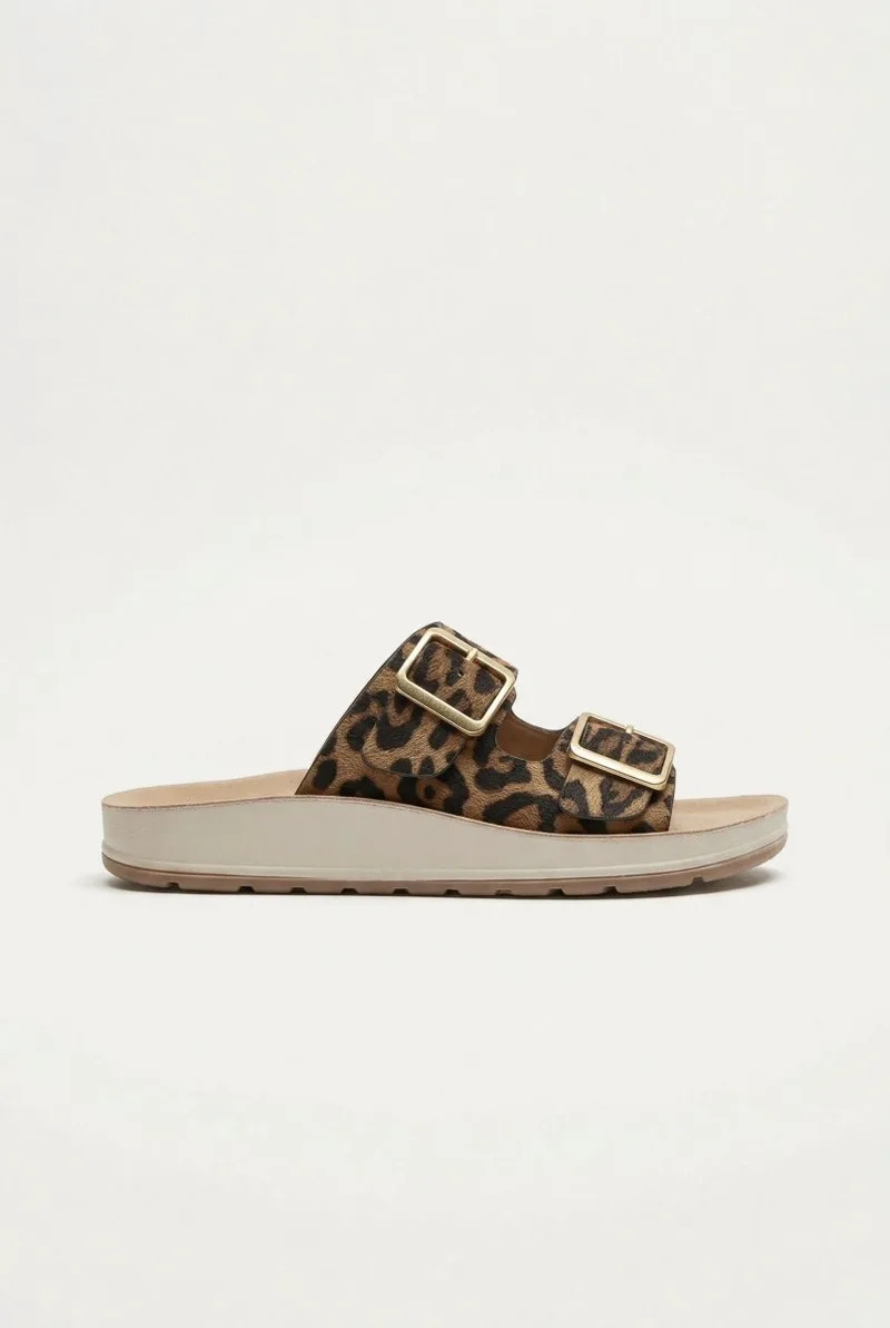 Χρυσό Star Platform Sandals Wide Straps Bold Buckles - 6230-A23065 - Leopard suede