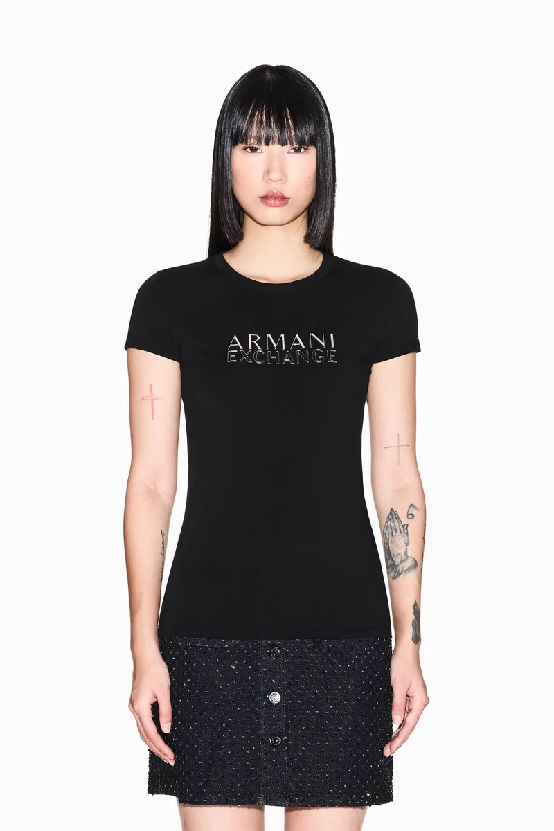 Armani Exchange γυναικείο T-shirt με μεταλλικό λογότυπο Slim Fit - XW001837AF16294 Μαύρο