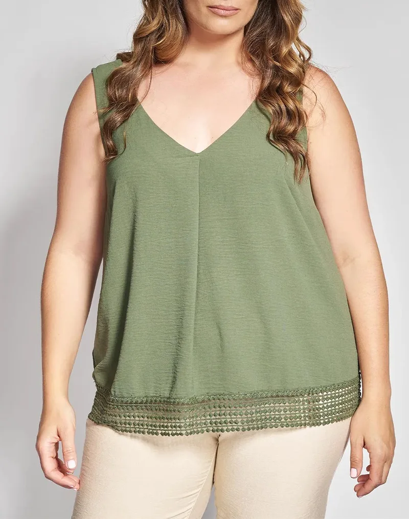 PARABITA Μπλούζα αμάνικη washed με δαντέλα 012610100279-023 Khaki