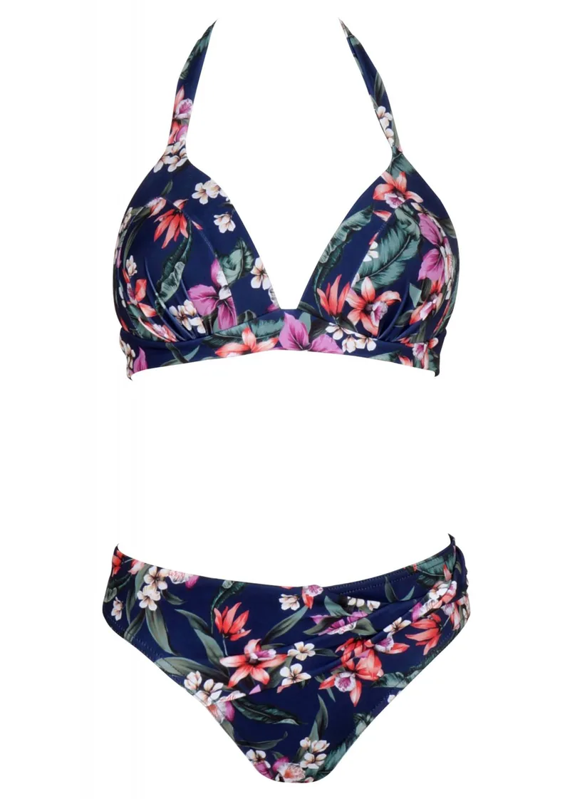 Γυναικείο set μαγιό floral τρίγωνο με επένδυση bikini ντραπέ κανονική γραμμή. Καλύπτει D cup. FLORAL