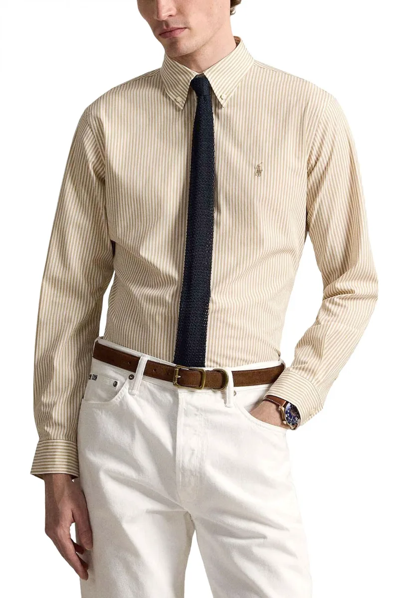 RALPH LAUREN ΠΟΥΚΑΜΙΣΟ ΡΙΓΕ BUTTON DOWN CUSTOM FIT STRETCH ΜΠΕΖ-ΛΕΥΚΟ