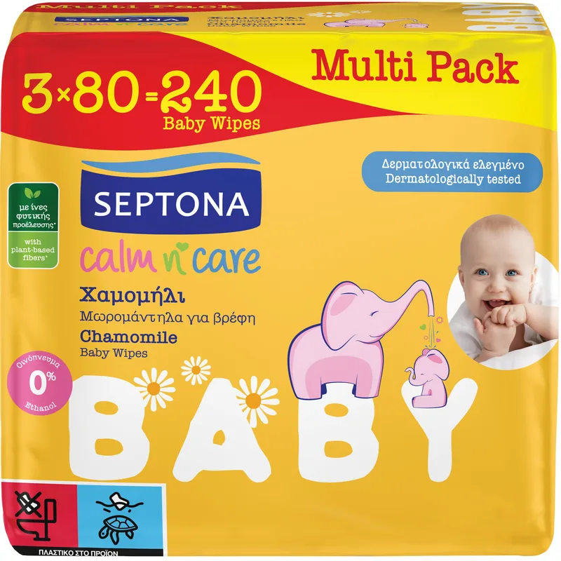 Septona Multi Pack Calm n' Care Chamomile Baby Wipes Βρεφικά Μωρομάντηλα με Εκχύλισμα Χαμομηλιού & Βιταμίνη Ε για Απαλό Καθαρισμό 240 Τεμάχια (3x80 Τεμάχια)