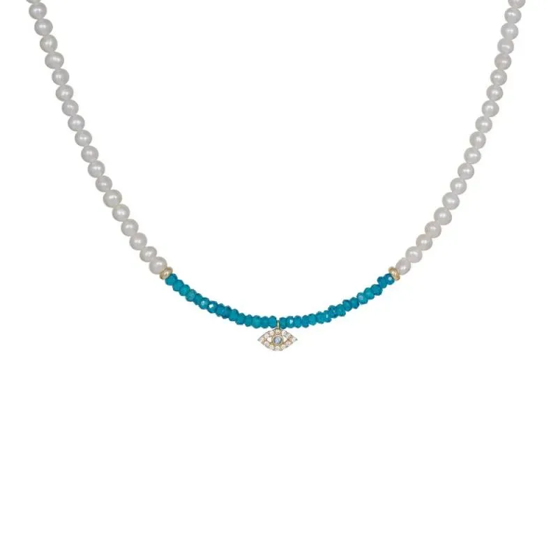 Γυναικείο κολιέ με πετράτο ματάκι Salomite Blue and Pearls K14 042109 042109 Χρυσός 14 Καράτια