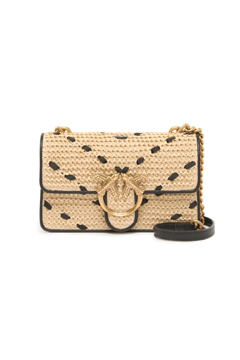 PINKO TΣΑΝΤΑ LOVE ONE MINI LIGHT DC RAFIA + VITELLO SETA ΜΠΕΖ - ΜΑΥΡΗ
