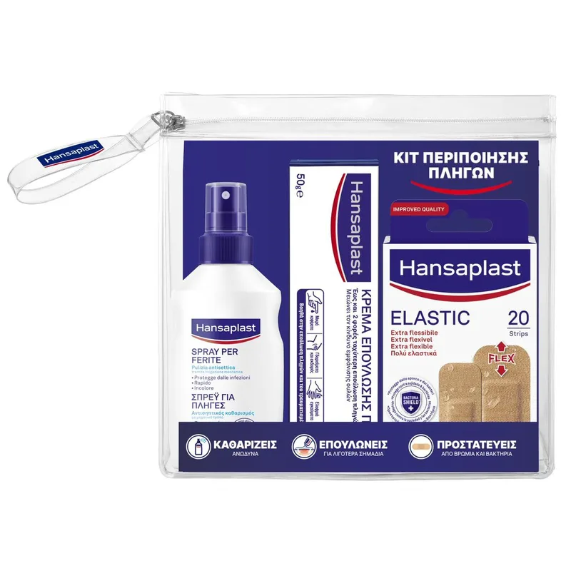 Hansaplast Promo Kit Περιποίησης Πληγών με Σπρέι για Πληγές 100ml, Επιθέματα Elastic 20strips & Κρέμα Επούλωσης Πληγών 50gr