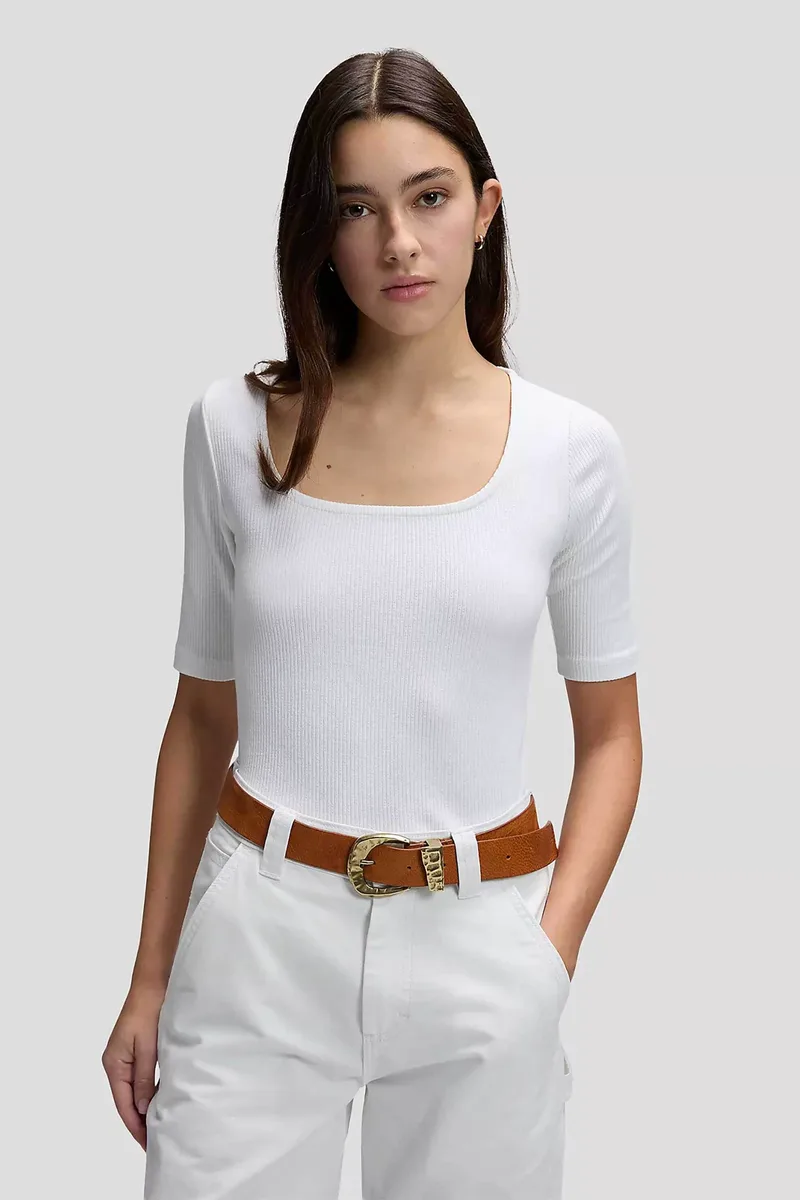 Lee® γυναικεία κοντομάνικη μπλούζα ribbed Slim Fit - 112377002 Λευκό