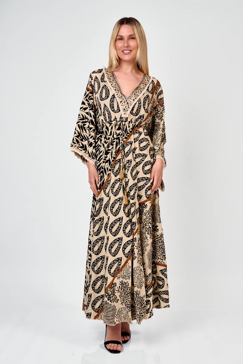 Φόρεμα Maxi Με Print Και Δέσιμο Μπεζ