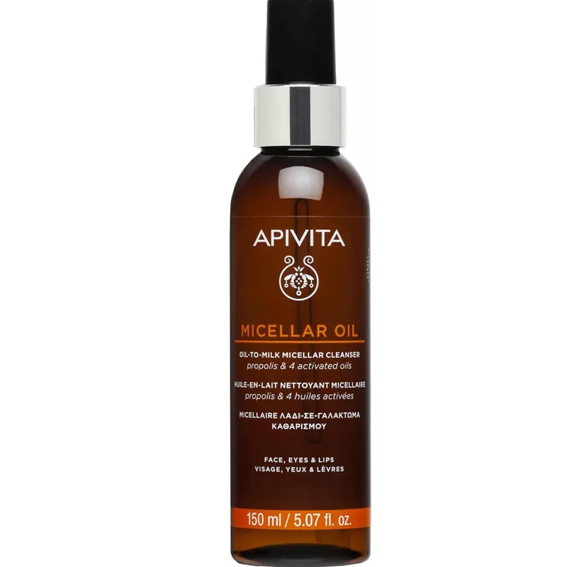 Apivita Micellar Oil to Milk Face, Eyes & Lips Cleanser Μικυλλιακό Λάδι σε Γαλάκτωμα Καθαρισμού Προσώπου, Ματιών & Χειλιών με Πρόπολη & 4 Ενεργοποιημένα Έλαια 150ml