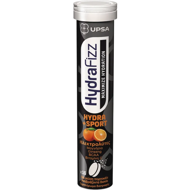 Upsa Hydrafizz Sport Hydrolytes Συμπλήρωμα Διατροφής Ηλεκτρολυτών, Μετάλλων & Εκχυλίσματος Εσπεριδοειδών Ιδανικό για Ενυδάτωση Αθλητών & Αύξηση Απόδοσης με Γεύση Πορτοκάλι 16 Effer.tabs