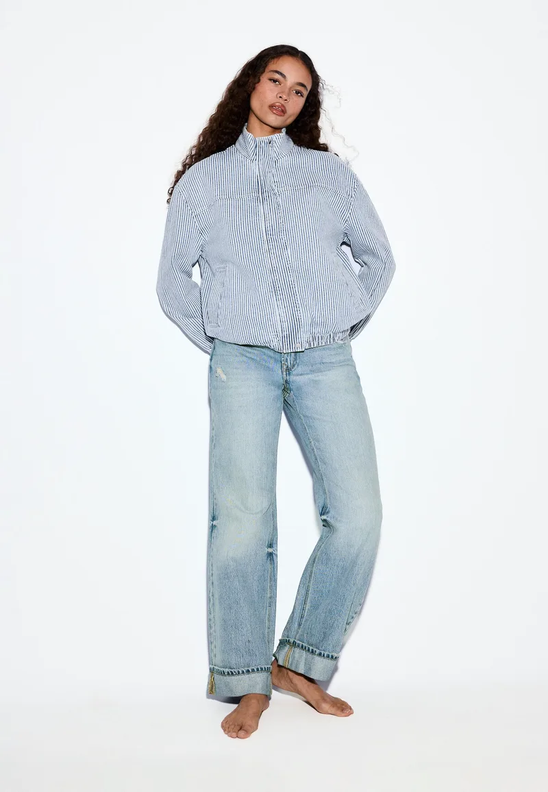 Stradivarius Denim Τζάκετ Ρίγες Γκρι Ανοιχτό Xl