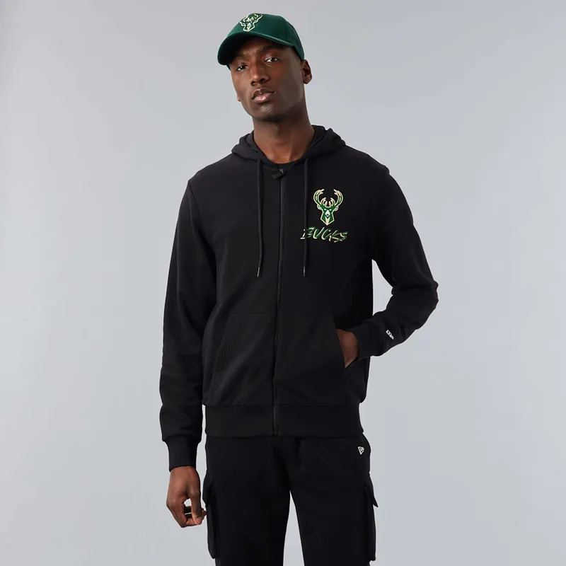 MILWAUKEE BUCKS NBA SCRIPT FULL-ZIP HOODIE ΜΑΥΡΟ