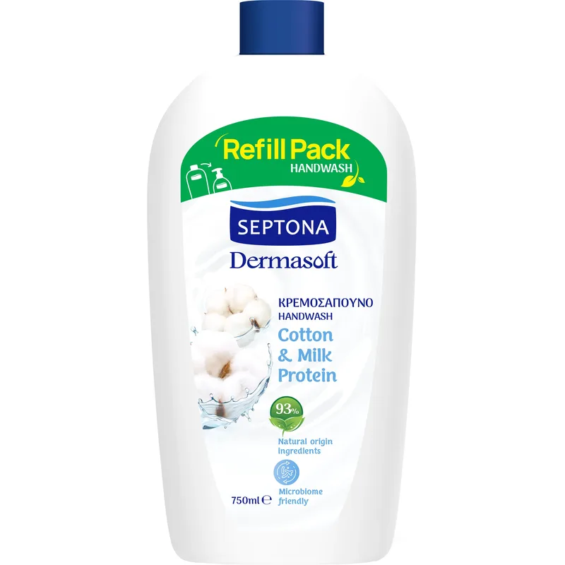 Septona Dermasoft Handwash with Cotton & Milk Protein Ανταλλακτικό Κρεμοσάπουνο με Οργανικό Εκχύλισμα Βαμβακιού & Πρωτεΐνη Γάλακτος 750ml Refill
