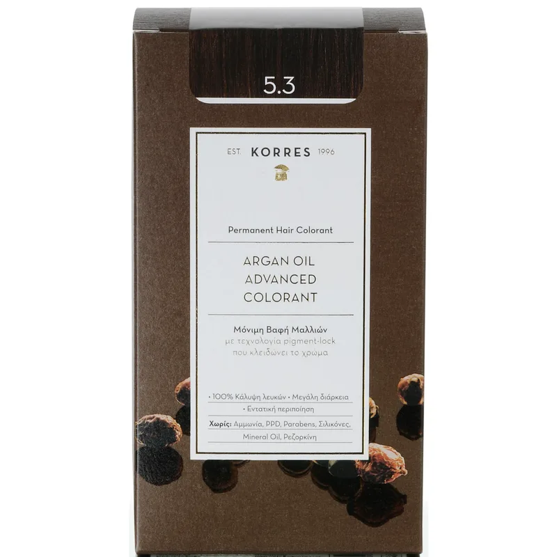 Korres Argan Oil Βαφή Μαλλιών Χωρίς Αμμωνία με Τεχνολογία Pigment-Lock που Κλειδώνει το Χρώμα 1 Τεμάχιο - 5.3 Καστανό Ανοιχτό Μελί