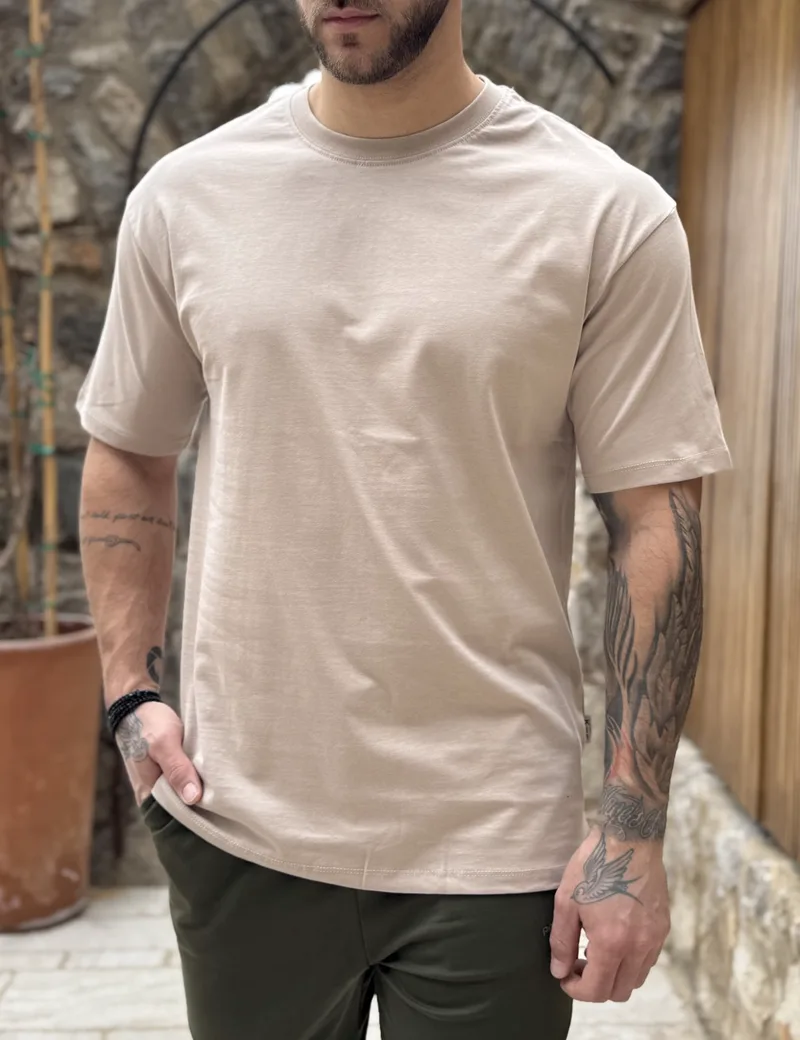 Ανδρική βαμβακερή μπεζ κοντομάνικη Oversized μπλούζα KEF2622B