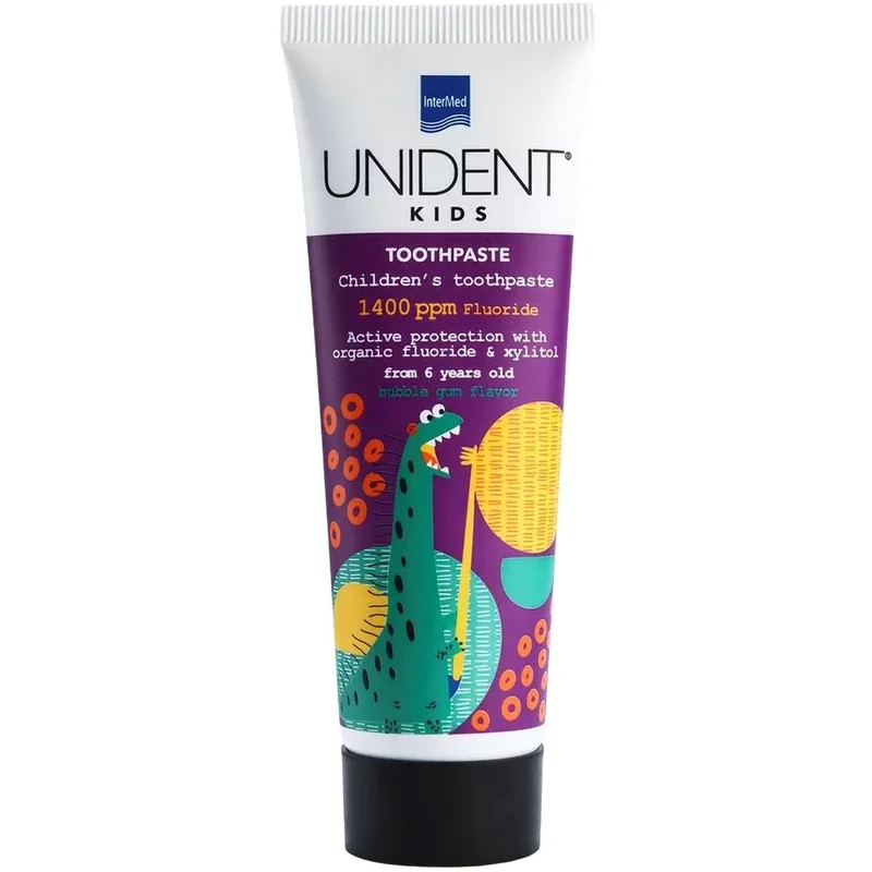 Intermed Unident Kids Toothpaste 1400ppm Fluoride 6+ Years Bubblegum Flavor Φθοριούχος Παιδική Οδοντόκρεμα με Γεύση Τσιχλόφουσκας 50ml