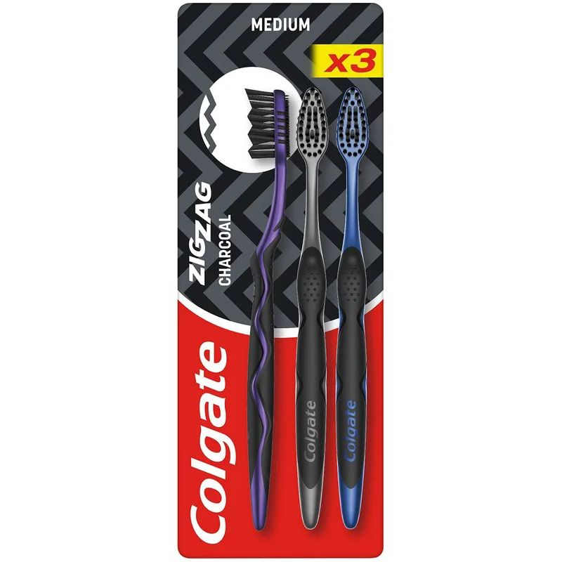Colgate Promo ZigZag Charcoal Medium Toothbrush Σετ Μέτριες Οδοντόβουρτσες με Ίνες Εμπλουτισμένες με Άνθρακα, για Βαθύ Καθαρισμό 3 Τεμάχια