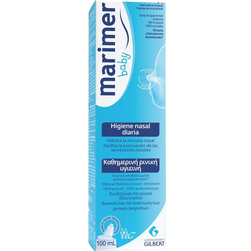 Marimer Baby Nasal Hygiene Spray Ισότονο Ρινικό Σπρέι για Βρέφη με 100% Φυσικό Θαλασσινό Νερό Συγκέντρωσης 0,9% Ιδανικό για Καθημερινό Ρινικό Καθαρισμό από τη Γέννηση 100ml