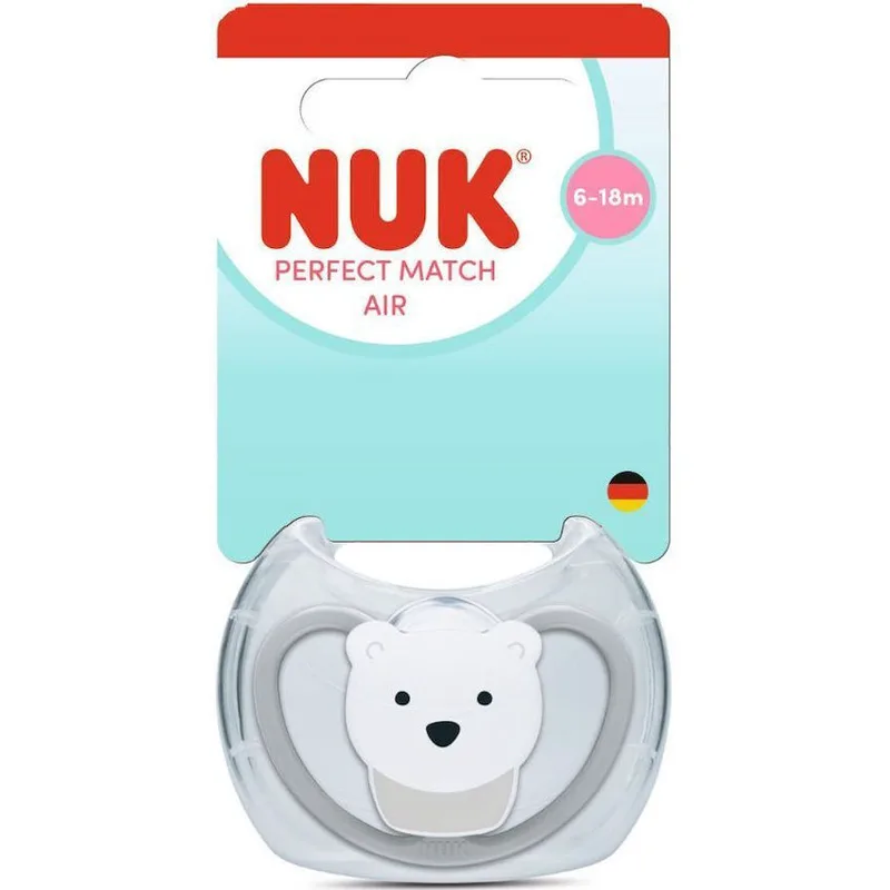 Nuk Perfect Match Air Silicone Soother 6-18m Ορθοδοντική Πιπίλα Σιλικόνης με Απαλή Θηλή, Σχεδιασμός που Εξαερίζεται Πολύ Καλά & με Θήκη Αποστείρωσης 1 Τεμάχιο Polar Bear Γκρι