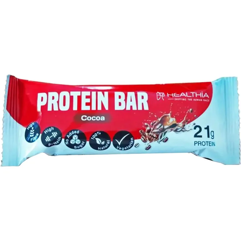 Healthia Protein Bar Μπάρα Δημητριακών Υψηλής Περιεκτικότητας σε Πρωτεΐνη για Ενέργεια με Γεύση Κακάο & Φυστικοβούτυρο 60g, 1 Τεμάχιο - Cocoa